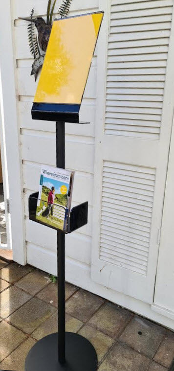Freestanding Black A4 Angled Portrait Sign Holder with Leaflet Holder Black Acrylic folded rear acrylic , side entry A4 Sign Holder Black acrylic leaflet holder with clear front panel 85mm, h internal width 203mm , holds approx 50mm of leaflets. For use in numerous interior locations, entrance ways , directions, promotions with the benefit of providing a leaflet / flyer holder, for use if required