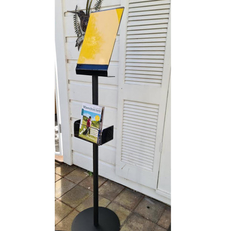 Freestanding Black A4 Angled Portrait Sign Holder with Leaflet Holder Black Acrylic folded rear acrylic , side entry A4 Sign Holder Black acrylic leaflet holder with clear front panel 85mm, h internal width 203mm , holds approx 50mm of leaflets. For use in numerous interior locations, entrance ways , directions, promotions with the benefit of providing a leaflet / flyer holder, for use if required