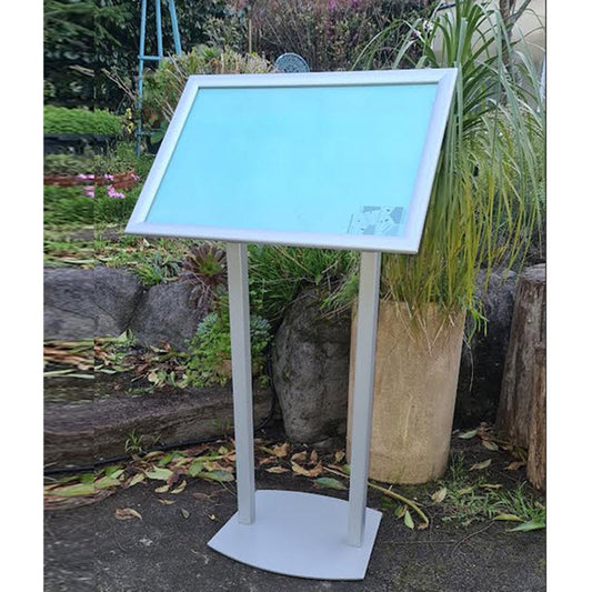silver Restaurant Menu Stand / Commercial Poster Display stand.  Designed by us to meet Client Requests, Components NZ Manufactured.  Features A2 Landscape format Waterproof Wide Profile Snap Fame   Display Format Allows for Multiple Display Options