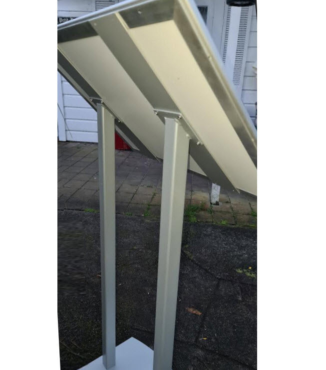 silver Restaurant Menu Stand / Commercial Poster Display stand. Designed by us to meet Client Requests, Components NZ Manufactured. Features A2 Landscape format Waterproof Wide Profile Snap Fame Display Format Allows for Multiple Display Options
