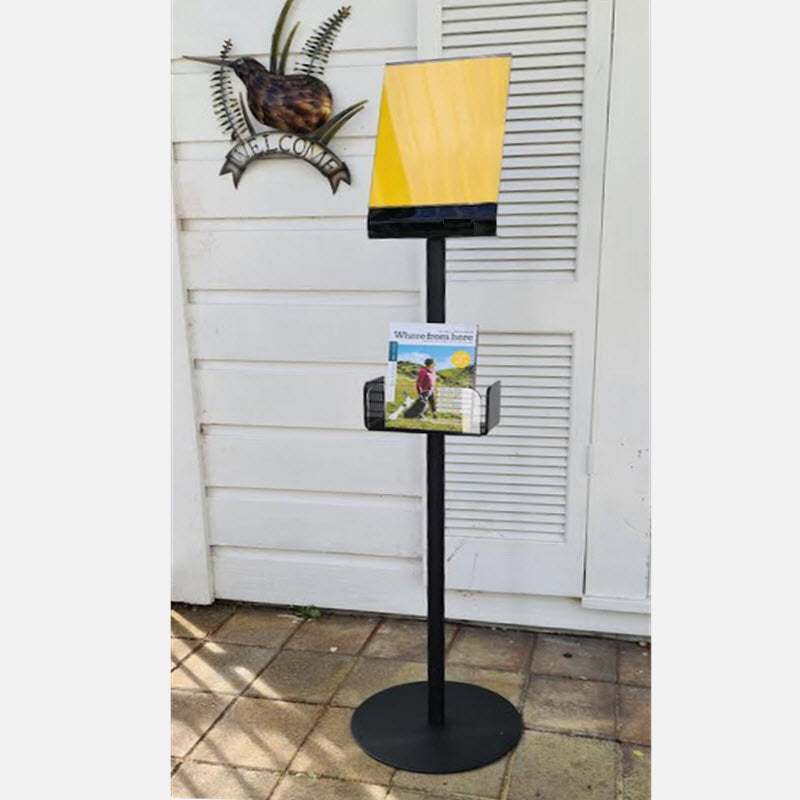 Freestanding Black A4 Angled Portrait Sign Holder with Leaflet Holder Black Acrylic folded rear acrylic , side entry A4 Sign Holder Black acrylic leaflet holder with clear front panel 85mm, h internal width 203mm , holds approx 50mm of leaflets. For use in numerous interior locations, entrance ways , directions, promotions with the benefit of providing a leaflet / flyer holder, for use if required