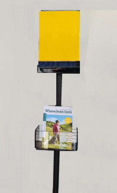 Freestanding Black A4 Angled Portrait Sign Holder with Leaflet Holder Black Acrylic folded rear acrylic , side entry A4 Sign Holder Black acrylic leaflet holder with clear front panel 85mm, h internal width 203mm , holds approx 50mm of leaflets. For use in numerous interior locations, entrance ways , directions, promotions with the benefit of providing a leaflet / flyer holder, for use if required