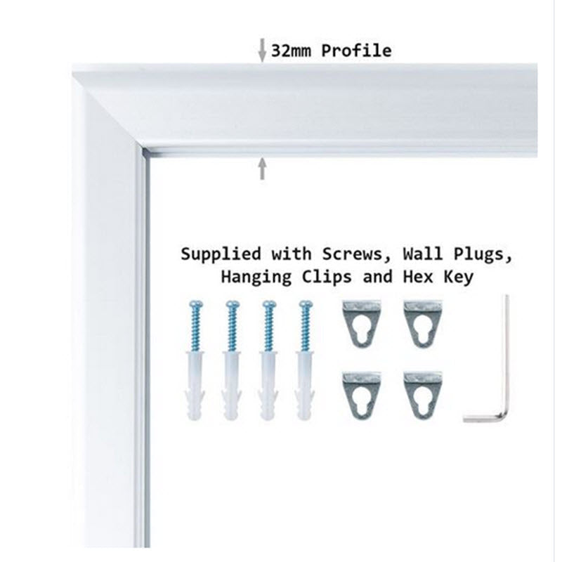 Mitre cornered A3 Silver Tamper proof - Lockable snap frame The 32mm wide sprung frame clips open from the front and around all four sides. The Snap frame system makes changing graphics easier without having to remove the frame from the wall each time. Frames can be affixed / displayed in portrait or landscape orientation Supplied with an non reflective, easy clean PVC cover sheet to protect your poster, allen key, and fixing screws. They are locked using the Allen key supplied to prevent tampering.