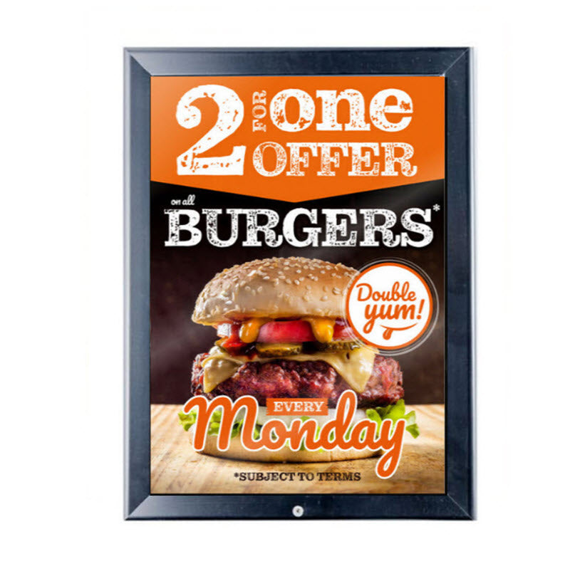 Mitre cornered A3 Black Tamper proof - Lockable snap frame The 32mm wide sprung frame clips open from the front and around all four sides. The Snap frame system makes changing graphics easier without having to remove the frame from the wall each time. Frames can be affixed / displayed in portrait or landscape orientation Supplied with an non reflective, easy clean PVC cover sheet to protect your poster, allen key, and fixing screws. They are locked using the Allen key supplied to prevent tampering.