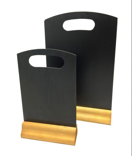 Table or counter top display size Black chalkboard arched top with handle cut out. Wooden Varnished Pine base, 54mm deep. O/A Height to top of unit 325mm x 210mm wide. Ideal size for displaying specials, offers, as an effective way of marketing to your customers at their table or at the counter top.