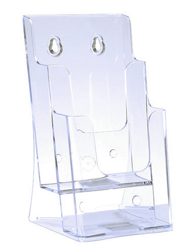 acrylic Freestanding/ wall mounted brochure holder Clear Acrylic 2 Tier for DLE leaflets Front flat area for signage if reqd 95mm w x 57mm h Dimensions W x H x D (mm) 120 x 210 x 115