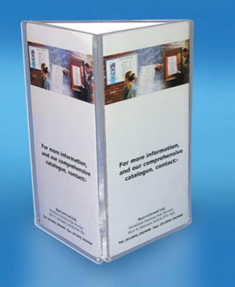 A clear, plastic, L-shaped 3 SIDED A6 MENU / TABLE TALKERS holder with prints inside facing outward, displayed against a blue background. Text on one visible print provides additional information and contact details by Shopfittingsrus Ltd. t/a Impact Displays.