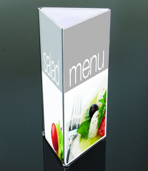 A 3 SIDED DLE MENU / TABLE TALKERS display 3 sided easy clean acrylic