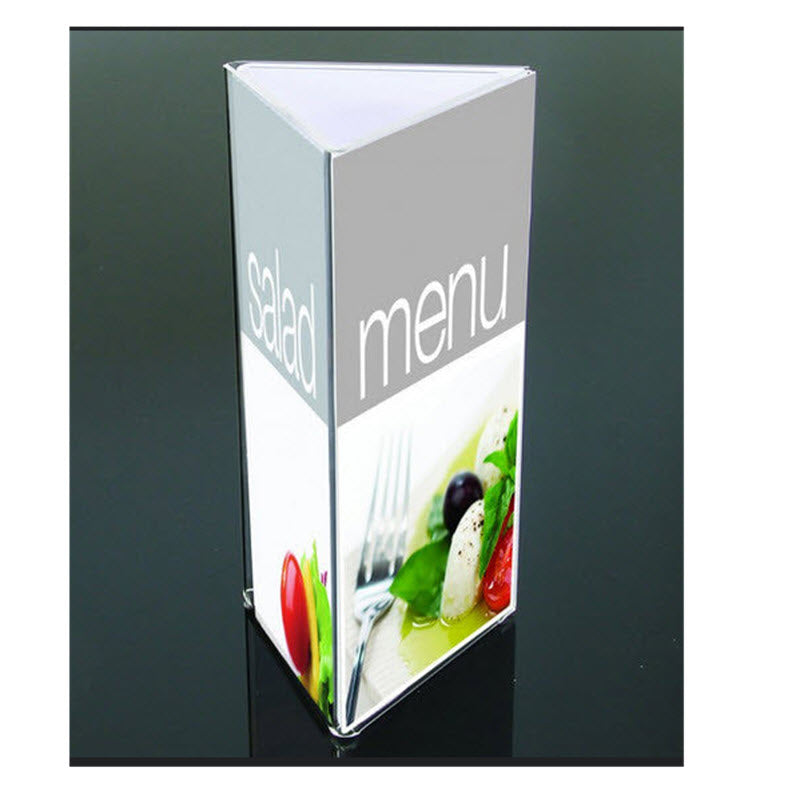 3 sided acrylic DLE display holder Features Thumb cut out for easy change displays. Check out the Quantity discounts Exterior Fold for Clean Easy Clean finish Widely Used Within Hospitality Industry Table Talkers, Menu and other Display/ Information Holders 3 Sided Display Panel Holder Suitable for 3 x DLE Size Portrait sheets each 100mm w x 210mm high