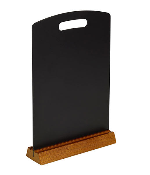 Table or counter top display size Black chalkboard arched top with handle cut out. Wooden Varnished Pine base, 54mm deep. O/A Height to top of unit 225mm x 150mm wide. Ideal size for displaying specials, offers, as an effective way of marketing to your customers at their table or at the counter top.