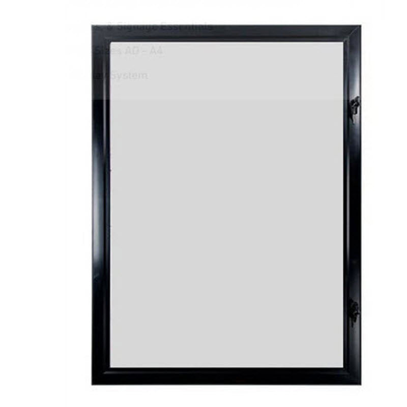Outdoor Lockable Poster Frame AO Colour -Anodized Black Features 45mm Wide Aluminum Extrusion Rubber Gasket Seals Poly carbonate Front Panel for Durability Rear panel Core flute Waterproof. AO Size Poster Easily Changed With Retaining Clips Supplied Hinged Opening with hold out stays Key lockable ( AO and A1 have 2 locks )