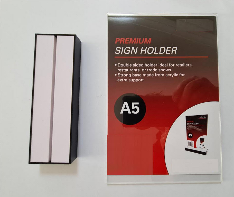 Black acrylic base sign holder A5, The Premium Sign A5 Portrait Sign Holder with Acrylic weighted base , has a double sided Display holder which fits snugly into the base. The Rectangular Base is 153mm w x 48mm x 18mm h ,black gloss; sides with white gloss inset top The clear acrylic upright display allows for double sided displays. Can be easily removed to enable change of displays. for Restaurants, Café, Bars,