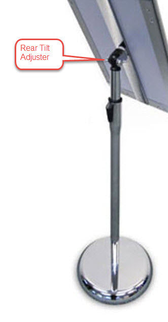 Adjustable Snap Frame Floor Stand A4 To suit A4 Size Displays, Landscape or Portrait Ideal uses- Conferences, Events, Route Indicator, Menu, and Information displays Powdercoated Silver Frame, 25mm Snap Frame Mitre corners, for A4 Size Displays Clear Non Reflective PVC Cover Sheet to Protect Display Poster. Chrome Pole With Height Adjuster 620-1075mm to Centre of Snap Frame, Chrome Spun Steel Base to Ensure Stability.