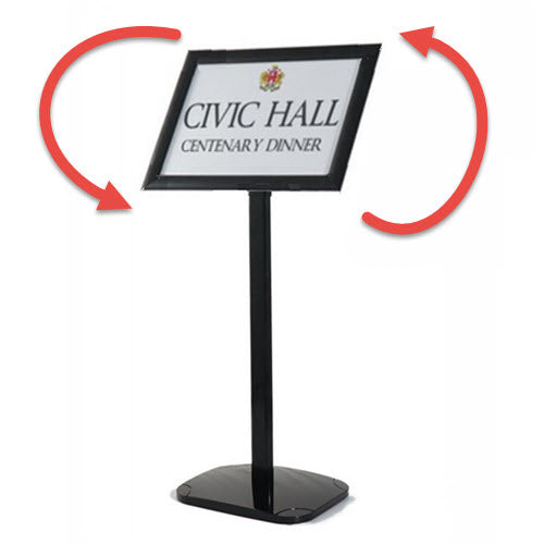 Adjustable Landscape / Portrait display A3 Display 920mm height to centre of display frame 34mm Wide Profile Anodized Black Snap Frame Snap Frame design enables displays to be protected, and easily changed. Black anodized pole and ABS Moulded Base with enclosed steel weight. Ideal uses- Conferences, Events, Route Indicator, Menu, and Information displays 34mm Snap Frame Mitre corners, for A3 Size Displays