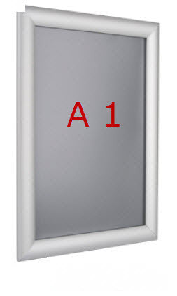 Premium silver Slimline Snap Frame Poster Holder A1 25mm Aluminum Frame To suit A1 poster sheet size 594mm x 840mm Colour Satin Silver with mitre corners Clear PVC cover sheet to protect poster All 4 opening sides Can be used for landscape or Portrait displays