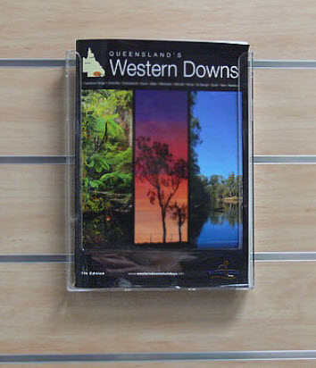 Slatwall mounted brochure holder A4 Portrait Format Flyers and Brochures Single Tier Clear Polycarbonate Supplied with 2 x Supergrip Slatwall Adaptors Dimensions W x H x D (mm) 225 x 250 x 43 Units can be side linked to form multiple display