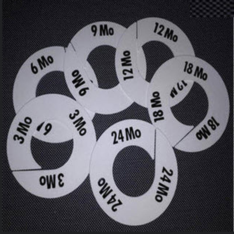 Rack Dividers White Round Baby Sizes 3 months - 24 months Set of 6 Durable Plastic Printed Black Lettering to both sides 3 Mo, 6 Mo, 9 Mo, 12 Mo, 18 Mo, 24 Mo 88mm Diameter with 40mm Centre.