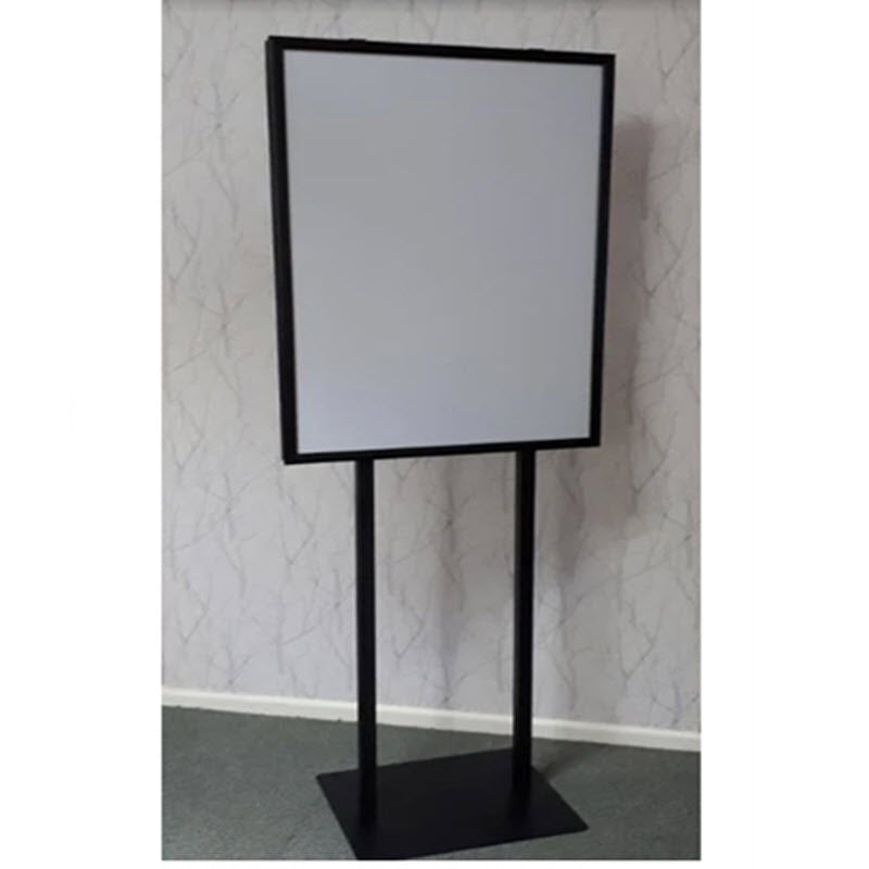Double Sided Snap Frame Display Black A1 Poster Stand 2 x 25mm Profile Snap Frames Satin Black Takes Poster Size A1 Portrait format 594mm wide x 840mm high with visible area 585mm w x 835mm h Assembled height 1700mm to top of frame Snap Frames Supplied with non reflective Poster Cover Sheets Square 30mm Metal, uprights; powdercoated Satin Black