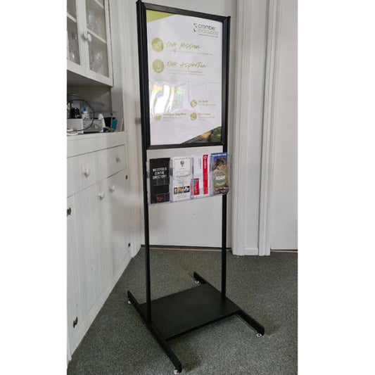  Top insert design for  Double sided easy A2 graphic changes  2 x Protective pvc poster cover sheets Accommodates A2 graphics 594mm h x 420mm w Base 600mm d. with 4 x adjustable feet  Custom design allows for 4 pocket DLE leaflet holder  single or double sided Simple design Black  finish for use in any indoor environment Easy assembly with instructions,