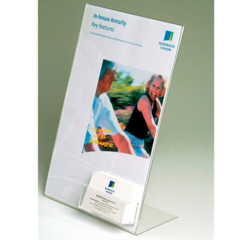 acrylic A4 Portrait L Base angled display holder with Business Card Holder Affixed For Single Sided Angled Display and Holding Promotional / Contact Cards Sheet Size A4 Portrait 210mm wide x 297mm high Dimensions W x H x D 210 x 297 x 65