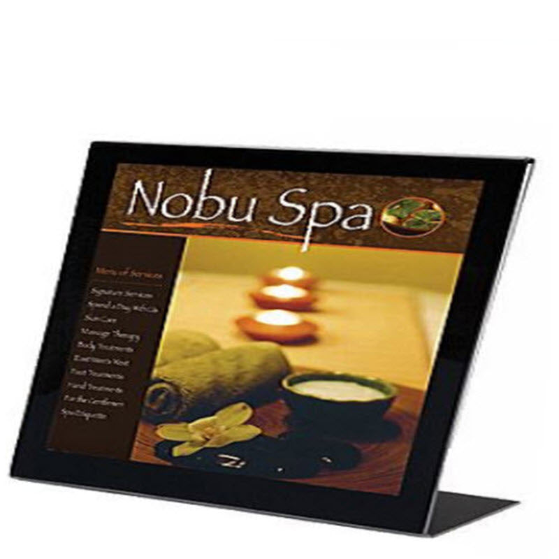 acrylic A5 Landscape L Base angled display holder For single sided display A5 sheet Landscape 210mm wide x 148mm high Dimensions W x H x D 210 x 148 x 75