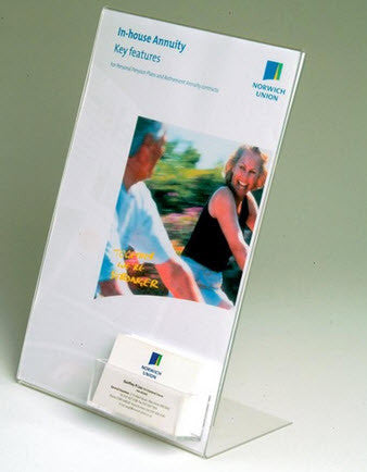 acrylic A4 Portrait L Base display holder with Business Card Holder Affixed For Single Sided Angled Display and Holding Promotional / Contact Cards Sheet Size A4 Portrait 210mm wide x 297mm high Dimensions W x H x D 210 x 297 x 65