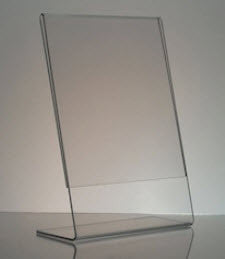 acrylic A5 L Base angled display holder For single sided display A5 sheet Portrait Format 148mm wide x 210mm high Dimensions W x H x D 148x 210 x 50