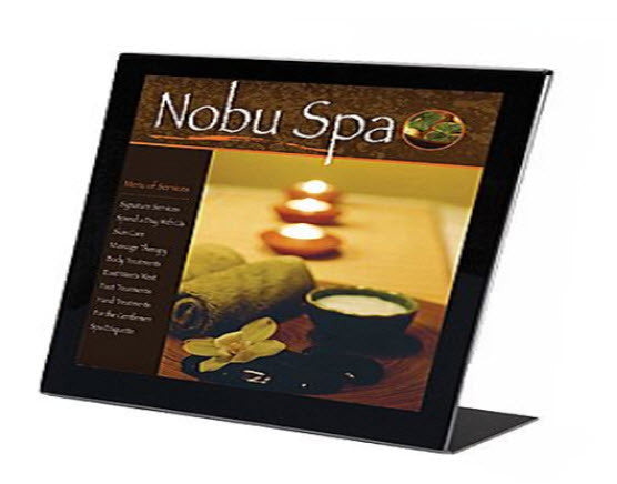acrylic A5 Landscape L Base angled display holder For single sided display A5 sheet Landscape 210mm wide x 148mm high Dimensions W x H x D 210 x 148 x 75