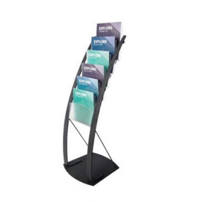 Curved Contemporary Display Stand, Stylish and Elegant Curved Pole Design, Black Powdercoated Steel, 6 x Holders made from frosted acrylic each 240mm W x 270mm H x 38mm D Stand Dimensions assembled 320mm W x 1290mm H - Base: 375mm W at the front x 335mm at the back x 380mm D,