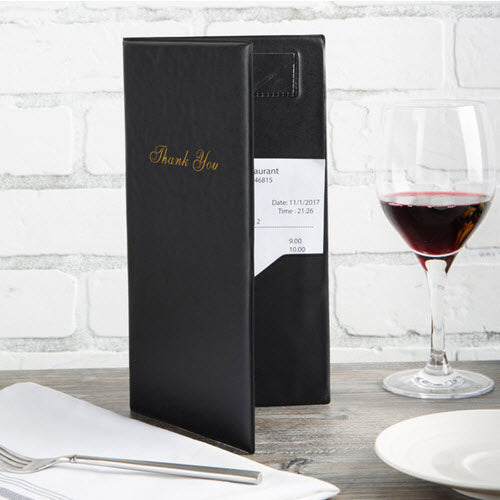Perfect for restaurants, hotels, bars, cafes, or pizza shops, this Black guest check presenter is a great way to end things on a positive note and thank your patrons. Features a Credit card pocket, & sewn borders to enhance and ensure durability Material - Black Faux Leather Length 10" x width 5 1/2"