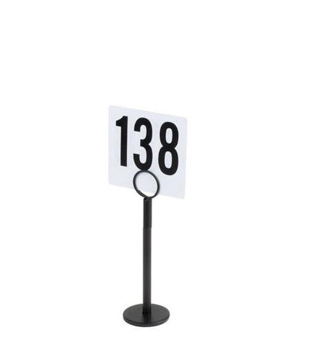 Powdercoated Black Steel With this simple menu / card holder, It features a sleek and stylish look that is sure to complement any decor, while being durable enough to stand up to even fast-paced restaurants. Height 6 Inches Base Diameter 2 1/2 Inches
