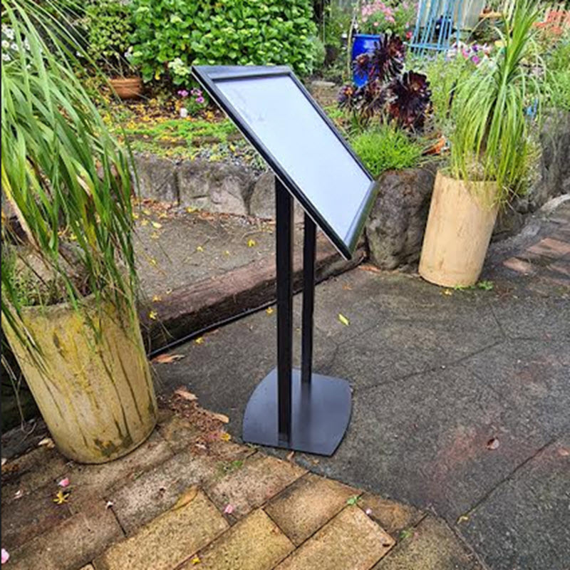 A2 Black Restaurant Menu Stand / Commercial Poster Display stand. NZ Manufactured. Features A2 Landscape format Waterproof Wide Profile Snap Fame Display Format Allows for Multiple Display Options 1 x A2 sheet 594mm w x 420mm h a3 sheets portrait Waterproof Wide profile Black Snap Frame Displays Protects Signs During Display in Public areas,