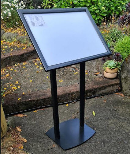 A2 Black Restaurant Menu Stand / Commercial Poster Display stand. NZ Manufactured. Features A2 Landscape format Waterproof Wide Profile Snap Fame Display Format Allows for Multiple Display Options 1 x A2 sheet 594mm w x 420mm h a3 sheets portrait Waterproof Wide profile Black Snap Frame Displays Protects Signs During Display in Public areas,