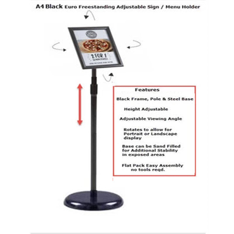 Adjustable Snap Frame Floor Stand A4 Can be used both Portrait or Landscape style Angle of Display Adjustable Black Pole With Height Adjuster 620-1075mm to centre of frame, Suitable for indoor signage application - A3 sized sheet display 297mm x 210 mm Ideal uses- Conferences, Hotels, Events, Route Indicator, Menu, and Information displays. Creates a stylish Information display . Powdercoated Black, locking height adjustable pole