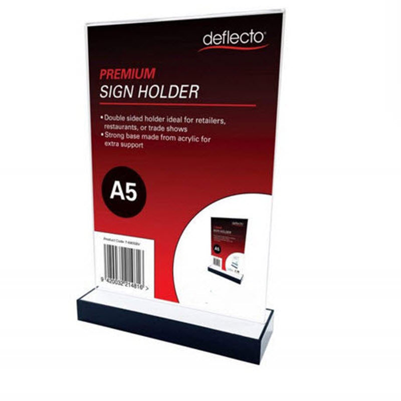 Black acrylic base sign holder A5, The Premium Sign A5 Portrait Sign Holder with Acrylic weighted base , has a double sided Display holder which fits snugly into the base. The Rectangular Base is 153mm w x 48mm x 18mm h ,black gloss; sides with white gloss inset top The clear acrylic upright display allows for double sided displays. Can be easily removed to enable change of displays. for Restaurants, Café, Bars,