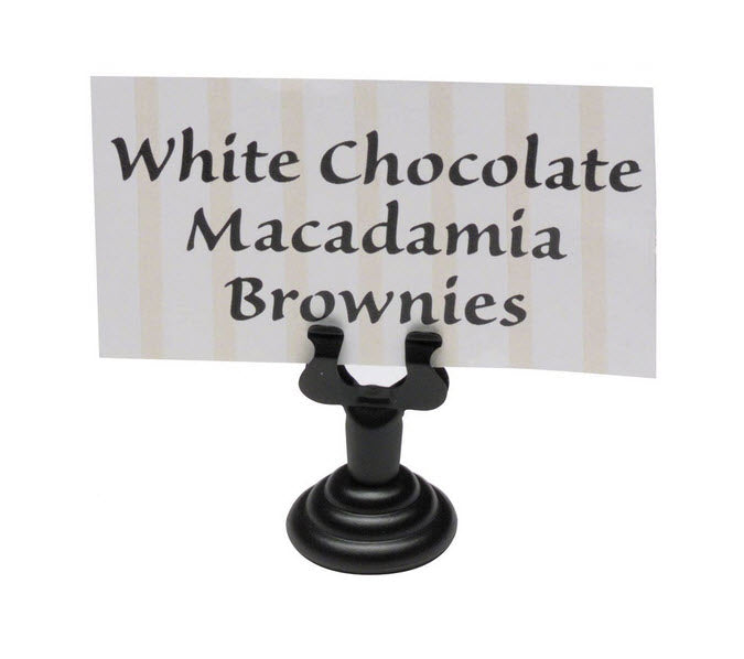 Clamp style 1 1/2" high Black steel menu / card holder Ideal for refrigerator cabinets / countertop displays Holds cards to showcase and inform customers of product details or prices. This piece features a clamp style top to hold cards secure
