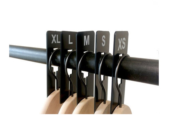 Pack of 7 Black Rectangular Rack Dividers White lettering printed to both sides Durable Plastic Sizes XS,S,M ,L,XL,XXL,XXXL Supplied pack contains 1 of each size. 50mm x 125mm with 40mm Centre new shape ensures display stays u