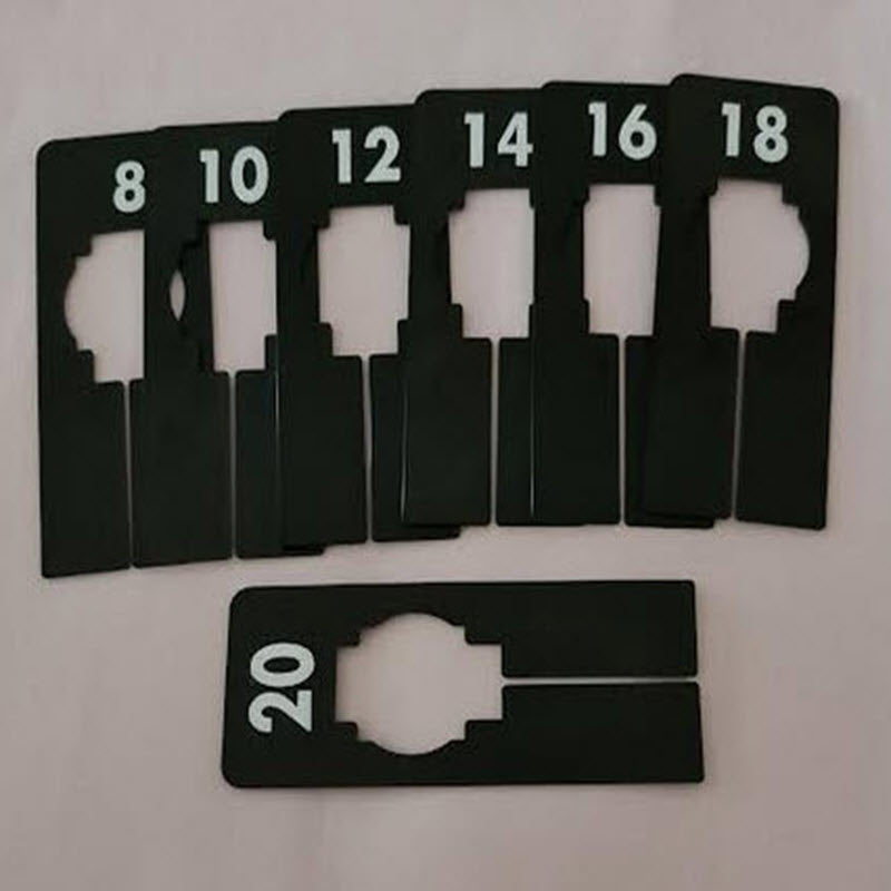 Pack of 7 BLACK Rectangular Rack Dividers White lettering printed to both sides Sizes 8, 10, 12, 14, 16, 18, 20 Supplied pack contains 1 of each size. 50mm x 125mm with 40mm Centre. The dividers are able to be opened to allow them to clip onto a display rail.