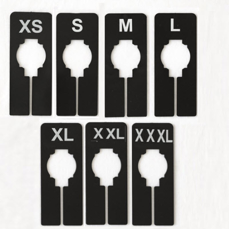 Pack of 7 Black Rectangular Rack Dividers White lettering printed to both sides Durable Plastic Sizes XS,S,M ,L,XL,XXL,XXXL Supplied pack contains 1 of each size. 50mm x 125mm with 40mm Centre new shape ensures display stays u