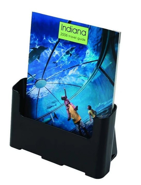 Manufactured using 60% recycled plastic The holder is mostly made from recycled materials so you can feel positive about your impact on the environment. Perfect for Receptions, Information Kiosks, Retail Stores Ideal for showcasing multiple copies of information, product / service flyers Orientation: Portrait Size:A4 Freestanding and Wall mounting Dimensions : 235mm(w) x 191mm(h) x 95mm(d) Colour Black