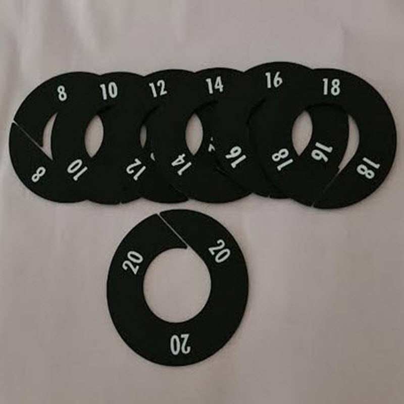 Pack of 7 Black Round Rack Dividers Black lettering printed to both sides Printed Lettering Sizes 8, 10, 12, 14, 16, 18, 20 Supplied pack contains 1 of each size. 88mm Diameter with 40mm Centre.