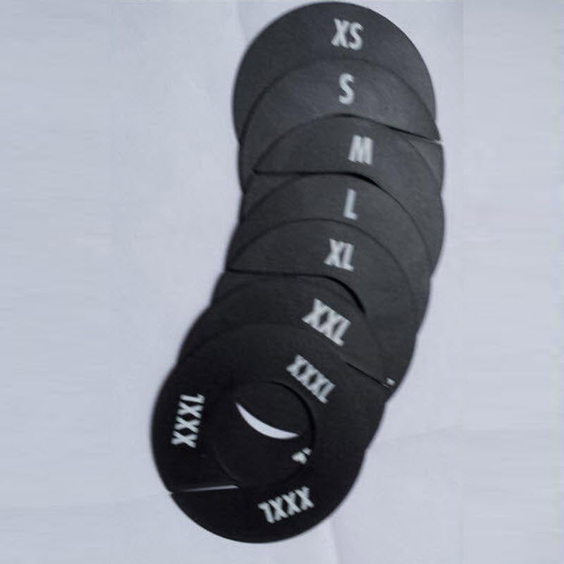 Pack of 7 Black Round Rack Dividers White lettering to both sides Sizes XS, S, M ,L ,XL,XXL,XXXL Supplied pack contains 1 of each size. 88mm Diameter with 40mm Centre.