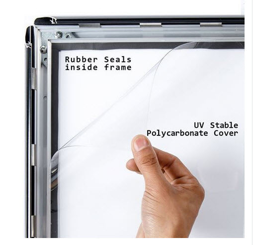 Waterproof Silver Snap Frame Poster Holder A3 Wall Mounted 35mm Aluminum Frame Colour Satin Black with mitre corners ;Clear 0.5mm Polycarbonate cover sheet to protect poster All 4 opening sides Waterproof rubber gasket to protect poster