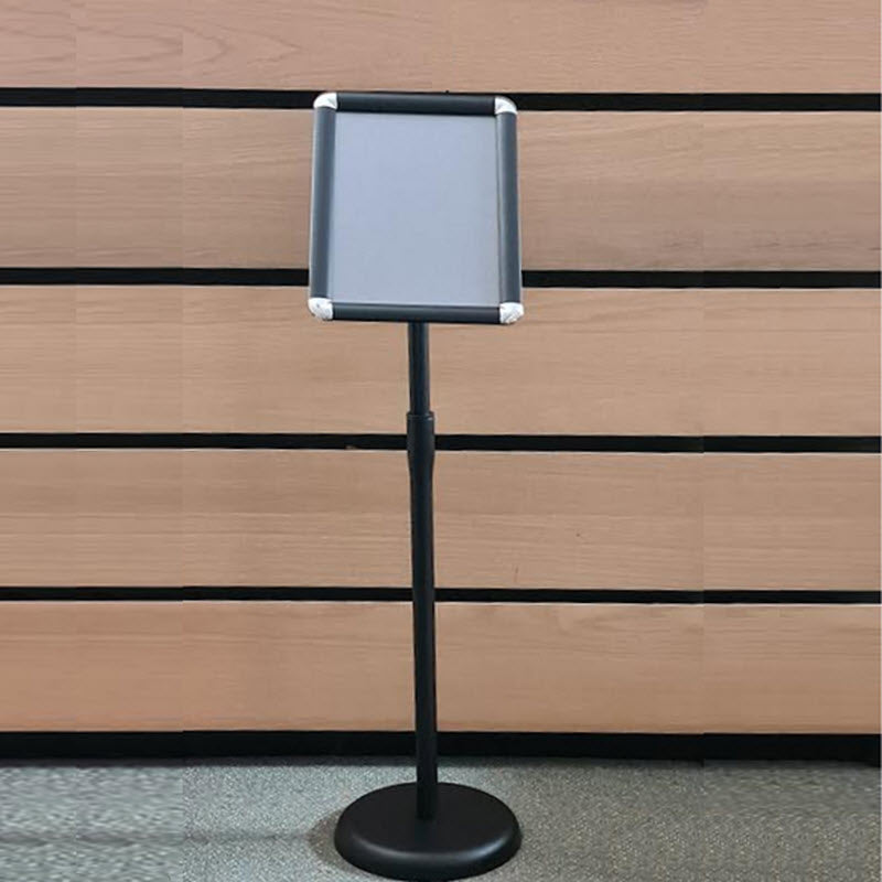 Adjustable Snap Frame Floor Stand A4 Can be used both Portrait or Landscape style Angle of Display Adjustable Black Pole With Height Adjuster 620-1075mm to centre of frame, Suitable for indoor signage application - A3 sized sheet display 297mm x 210 mm Ideal uses- Conferences, Hotels, Events, Route Indicator, Menu, and Information displays. Creates a stylish Information display . Powdercoated Black, locking height adjustable pole