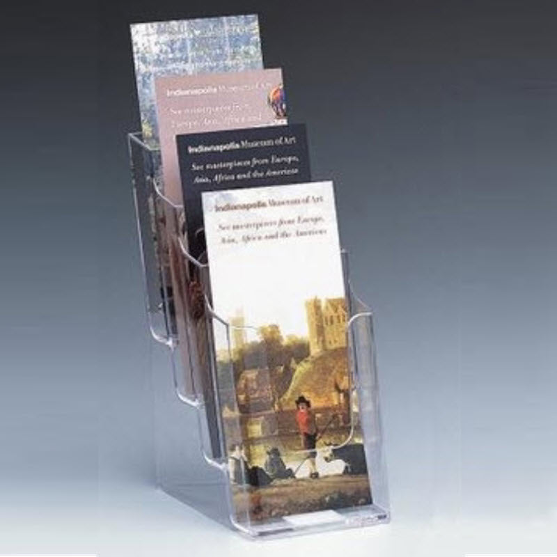 Freestanding / wall mounted brochure holder Clear Acrylic 4 Tier for DLE leaflets Trifold A4 , sheet or booklets display size 100mm w x 210mm h Dimensions W x H x D(mm) 123 x 254 x 203