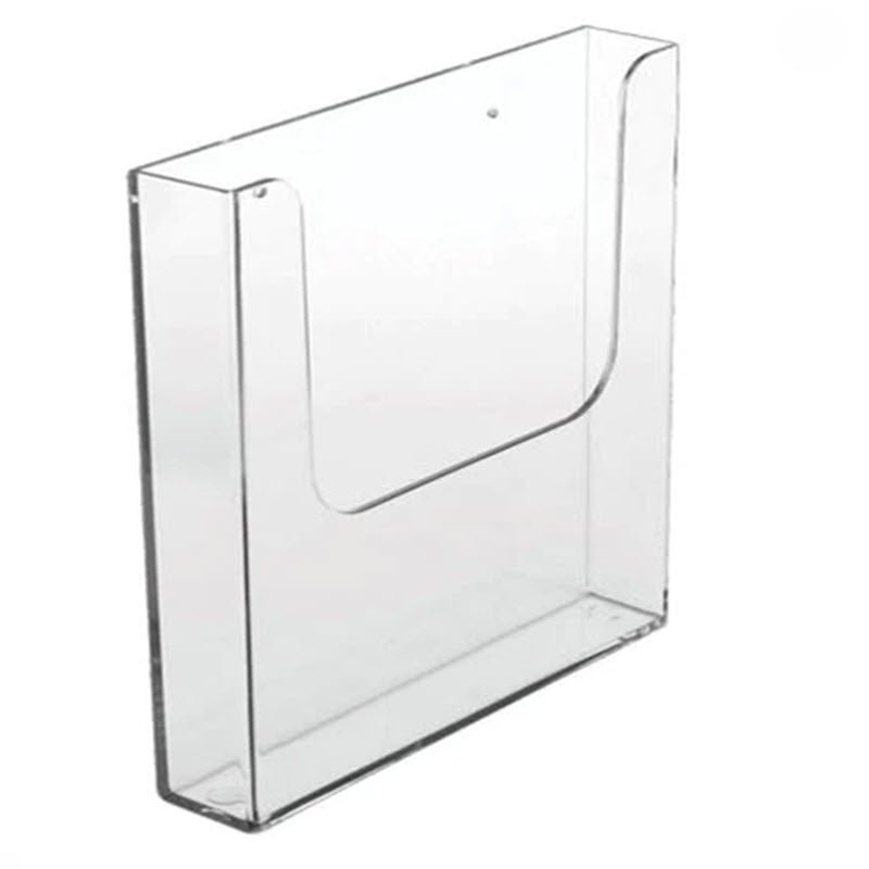 Acrylic A4, Wall mounting, Brochure & Leaflet Holder An extremely versatile flat backed brochure holder that can be used individually, Or can be linked together with any size in the range to make an attractive wall display. Each unit is supplied with pre-drilled holes but can also be mounted using double sided tape, Velcro, Slatwall Mounted Version also available - see Alternative Listed Product Dimensions 225 w x 250 h x 43.d