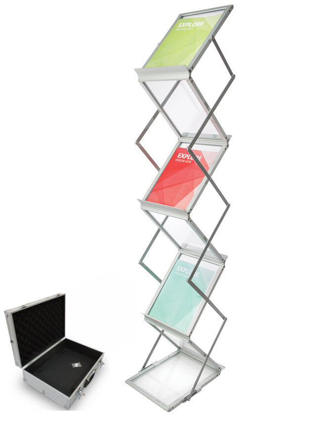 Concertina A4 Portrait Double sided Leaflet / Brochure Holder Easy Fold Away design Ideal for Pop up displays, trade shows, reception areas Simple, sturdy and elegant design. Economically priced. This unit is collapsible by concertina design and includes an aluminum carry case for ease of transport. Comprises A4 x 6, silver alloy and acrylic slanted shelves Each 320mm deep x 263mm wide with 20mm h lip to retain displays 3 display shelves to either side