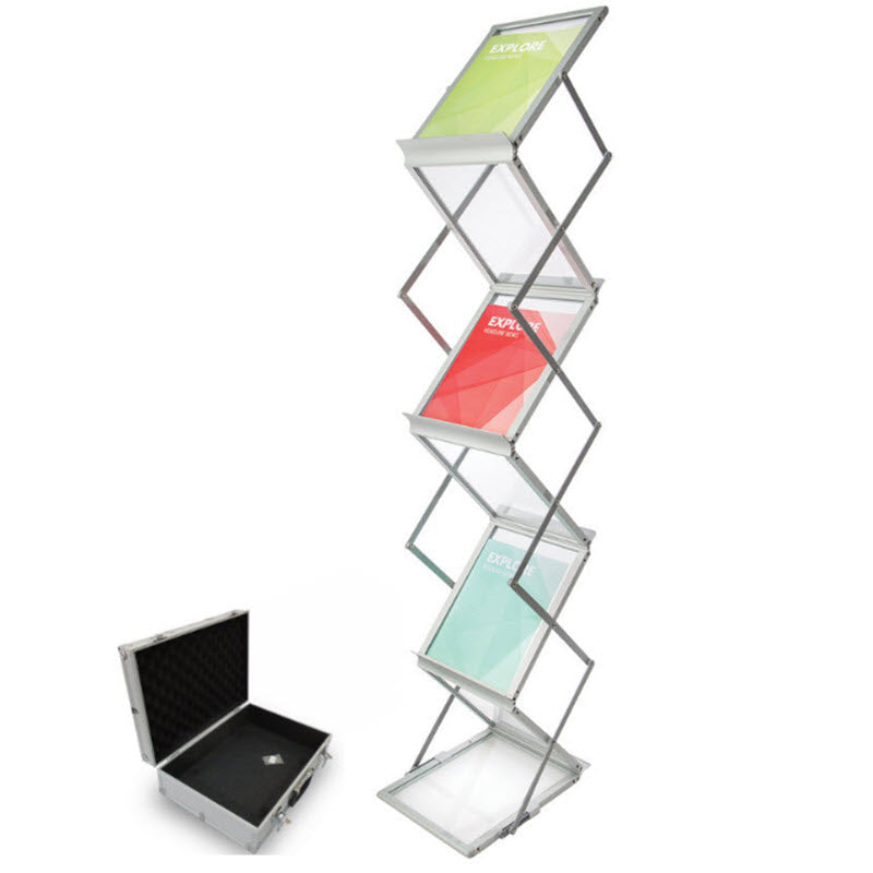 Concertina A4 Portrait Double sided Leaflet / Brochure Holder Easy Fold Away design Ideal for Pop up displays, trade shows, reception areas Simple, sturdy and elegant design. Economically priced. This unit is collapsible by concertina design and includes an aluminum carry case for ease of transport. Comprises A4 x 6, silver alloy and acrylic slanted shelves Each 320mm deep x 263mm wide with 20mm h lip to retain displays 3 display shelves to either side