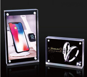 These elegantly styled POS acrylic magnetic holders can be used for any number of display solutions. Provides for 6 x 4" standard photograph size, or A7 sheet display with clear border within magnets, or larger as required to show product information. Acrylic block size of 150mm x 100mm (4" x 6" ) Display can be either Portrait or landscape Can be used freestanding vertical or flat on countertops, adjacent to product as a sales promoter or ticketing solution