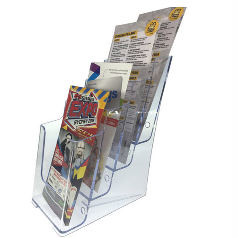 Freestanding / wall mounted brochure holder Clear Acrylic 4 Tier for DLE leaflets Trifold A4 , sheet or booklets display size 100mm w x 210mm h Dimensions W x H x D(mm) 123 x 254 x 203